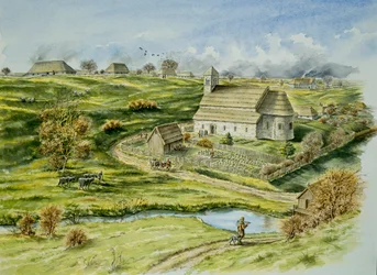 Mittelalterliches Dorf Wharram Percy, spätes 12. Jahrhundert, ca. 1990-2010