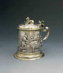 Krug, der Körper mit Jakob, der mit dem Engel ringt, und Abraham und Sarah, die der Dreifaltigkeit Gastfreundschaft gewähren, Danzig, ca. 1690