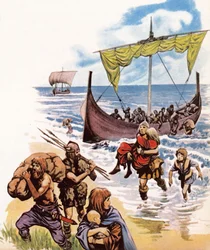 Sachsen kommen in Langbooten aus Deutschland nach Britannien