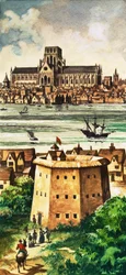 Die Außenseite des Globe Theatre am Flussufer in Bankside
