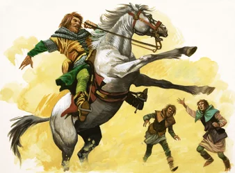 Unbekannter Reiter auf buckelndem Pferd