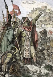 Barbareninvasion: Der König der Hunnen Attila (406-453) beobachtet mit seinen Soldaten die Belagerung der Stadt Aquileia in Italien