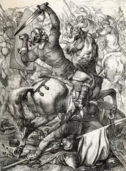 Schlacht von Hastings, 14. Oktober 1066, zwischen der normannisch-französischen Armee von Herzog Wilhelm II. von der Normandie und einer englischen Armee unter dem angelsächsischen König Harold II., während der normannischen Eroberung Englands