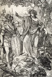Feldzüge des Germanicus: „Nero Claudius Drusus Germanicus (38-9 v. Chr.) und seine Armee treffen eine junge Frau in den Regionen zwischen Weser und Elbe, um 12 v. Chr.“ (Eroberung Germaniens: römischer General Nero Claudius Drusus Germanicus und seine Arme