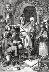 Kaiser Karl der Große (742-814) Gründer der Schulversammlung von Kindern Federzeichnung aus „Historische Memorabilian des In- und Auslandes“ von Anton Ziegler