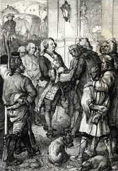 Französische Revolution: König Ludwig XVI. erhält vom Bürgermeister von Paris Jean-Sylvain Bailly die Trikolore-Kokarde