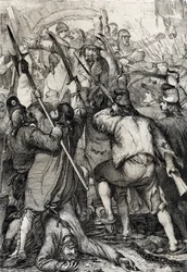 Französische Revolution: Die bewaffnete und wütende Bevölkerung dringt über die Zugbrücke ein und ermordet beim Sturm auf die Bastille die Garnison und den Gouverneur