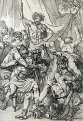 Heptarchie: Darstellung des angelsächsischen Anführers Hengist (5. Jahrhundert), der seine Feinde tötet, um das Königreich Kent zu gründen, um 461. Federzeichnung