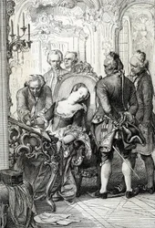 Königin Caroline Mathilde von Dänemark gezwungen, die Scheidungsdokumente nach ihrem außerehelichen Abenteuer 1772 zu unterzeichnen