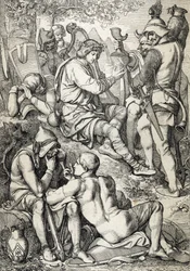 Krieg gegen die Wikinger: Der König von Wessex Alfred I. der Große (846-899) verkleidet sich als Harfenspieler und betritt das Lager von Guthrum, um seine Schlachtpläne zu stehlen, Somerset 878