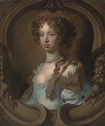 Porträt von Lady Frances Norcliffe (1654-1731), büste, in einem hellblauen Kleid mit einer Perlenbrosche, in einem skulptierten Kartusche