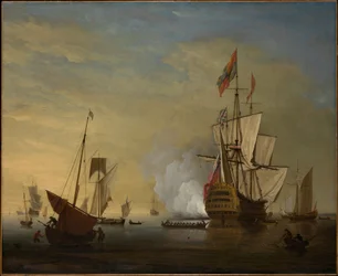 Hafenszene: Ein englisches Schiff mit gelockerten Segeln feuert eine Kanone ab
