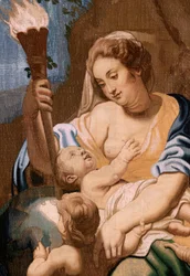 Flämischer Wandteppich. Serie Der Triumph der Eucharistie. Allegorie der Nächstenliebe, die die Welt erleuchtet. Zwanzigster Wandteppich in der Serie. Modell Peter Paul Rubens. 1626-1628. Herstellung Jan II Raes, Brüssel