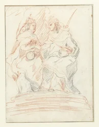 König und Königin auf einem Thron, hinter ihnen steht Fama Christus und Maria