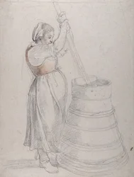 Ein Bauernmädchen beim Butterrühren
