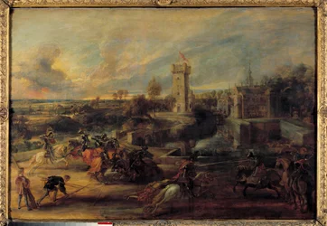 Ein Turnier in der Nähe der Gruben von Schloss Steen (Mittelalter). Flämisches Gemälde von Pierre Paul (Pierre-Paul) Rubens (oder Peter Paul oder Petrus Paulus) (1577-1640)