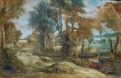 Ein Wagen durchquert einen Bach, um 1625-40