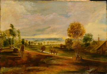 Landschaft mit Bauernhäusern bei Sonnenuntergang