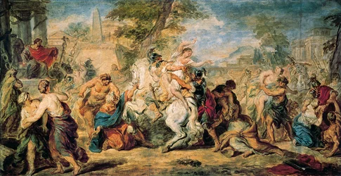 „Der Raub der Sabinerinnen“ Um den Mangel an Frauen zu beheben, entführen Romulus und die Römer die Frauen ihrer Nachbarn, der Sabiner, die versuchen, sie mit Gewalt zurückzuholen. Die Schlacht wird dank der Sabinerinnen vermieden, die sich zwischen die