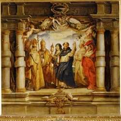 Heilige Clara zwischen Priestern und Kirchenvätern