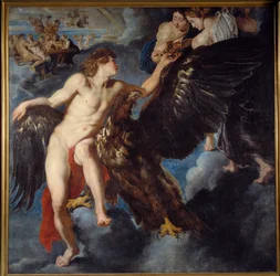 Die Entführung des Ganymed. Während er seine Herde auf dem Berg Ida in der Troas weidet, verwandelt sich Zeus in einen Adler, entführt ihn, um ihn zu seinem Geliebten und zum Mundschenk der Götter zu machen. Gemälde aus der Werkstatt von Pierre Paul