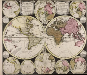 Diversa orbis Terrae visu incedente per coluros Tropicorum ambos ejus polos et particularis sphaerae zenith in planum orthographica projectio quibus additae pro variato horizonte omnium positiones eorumdemque mutua cum circulis caelestibus relatio = Plat O