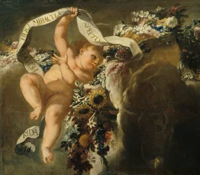 Putto mit Blumengewinde und Spruchband
