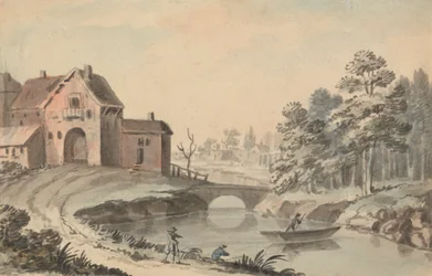 Figuren in einer Landschaft an einem Fluss