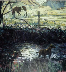 Pony und Hund auf einem Feld