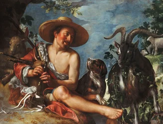 Ein Hirte, der auf einem Hügel Flöte spielt, ein Hund und seine Herde in der Nähe