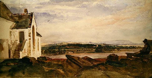 Eine Figur, die in einem Kirchhof am Flussufer sitzt