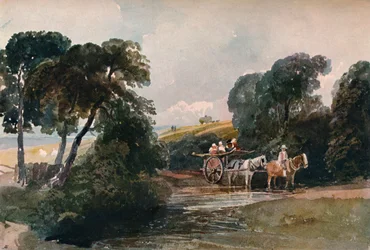 Heuwagen überquert einen Bach, um 1824