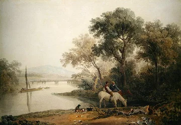 Bauern tränken ihre Pferde am Flussufer, ein Turm im Hintergrund