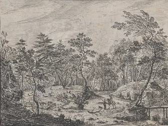 Waldlandschaft mit einem Reiter, der mit einem Mann in der Mitte spricht, eine Fußbrücke rechts