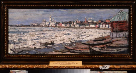 Das Treiben des Eises auf der Wolga, nahe Jaroslawl (Russland). Werk von Pjotr Iwanowitsch Petrowitschew (1874-1947)