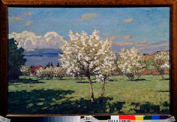 Die blühenden Kirschbäume. Gemälde von Pyotr Ivanovich Petrovichev (1874-1947)