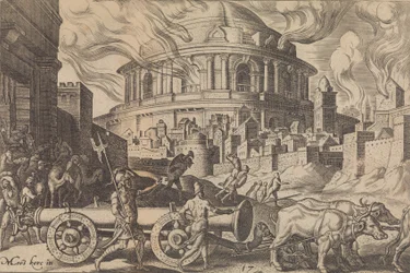 Die Chaldäer tragen die Säulen des Tempels von Jerusalem weg, aus Die Katastrophen..., 1569