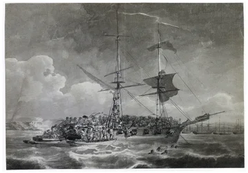 Porträt eines französischen Brigg (Brick), La Chevrette (unsicher). In Tinte getaucht von Philippe Jacques de Loutherbourg (1740-1812)
