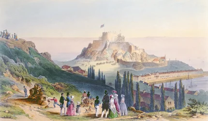 Ankunft Ihrer Majestät am Mount Orgueil, 3. September 1846, aus dem Besuch von Königin Victoria in Jersey, graviert von H. Walter, 1847