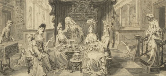 Elegante Gesellschaft am runden Tisch, um 1700