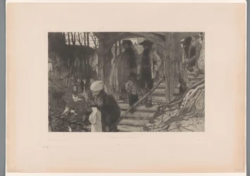 Familien gehen eine Holztreppe hinunter