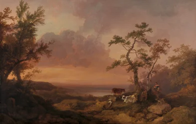 Landschaft mit Vieh und Bauer