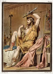 Agamemnon, Kostüm für „Iphigenie in Aulis“ von Jean Racine, aus Band II der „Forschungen über die Kostüme und das Theater aller Nationen“, gestochen von Pierre Michel Alix (1762-1817), 1802