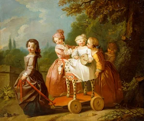 Ein kleiner Junge auf einem Steckenpferd, mit anderen Kindern, die in einem Garten spielen