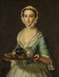 Eine junge Frau mit einem Teetablett, möglicherweise Hannah, die Magd des Künstlers