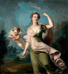 Die Göttin der Liebe (Aphrodite oder Venus). Ein Cupido begleitet sie mit einem Bogen und einem Pfeil. Gemälde von Philippe Mercier (1689-1760). Öl auf Leinwand. Maße: 162,5x149,9cm Privatsammlung