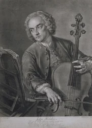 Porträt von John Hebden (fl.1740-60), ein Cellist im Orchester von Händel, graviert von John Faber (1684-1756), 1741