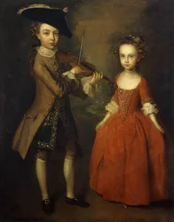 Die Archbold-Kinder: Ein Gruppenporträt eines kleinen Jungen, in voller Länge, der einen beigen Mantel, eine dunkelblaue goldbestickte Weste und einen Dreispitz trägt und Geige spielt, und seiner Schwester, in voller Länge, die ein rotes Kleid trägt, mit B