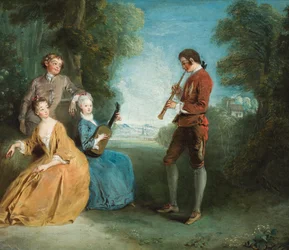 Zwei Liebespaare, ein Paar musiziert, in einer Parklandschaft