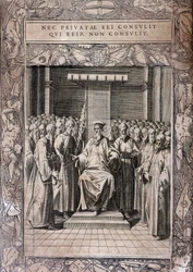 Tafel der Statuten des Malteserordens „Statuta Hospitalis Hervsalem“ (Ritterrat), von Philippe Thomassin, späte 16. Jahrhundert